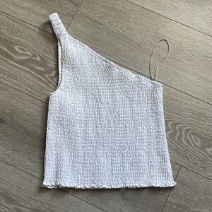 Olivaceous White Smocked Bodice Crop Top One Shoulder Asymmetrical Sz Large